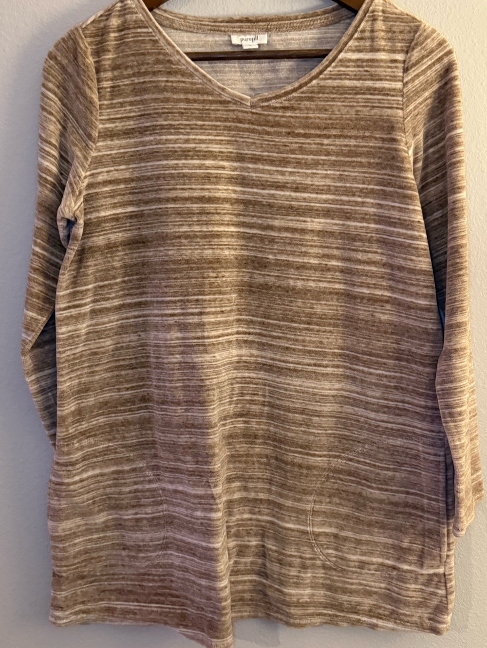 Pure Jill Striped V-Neck Long Sleeve Top in Beige Stripe